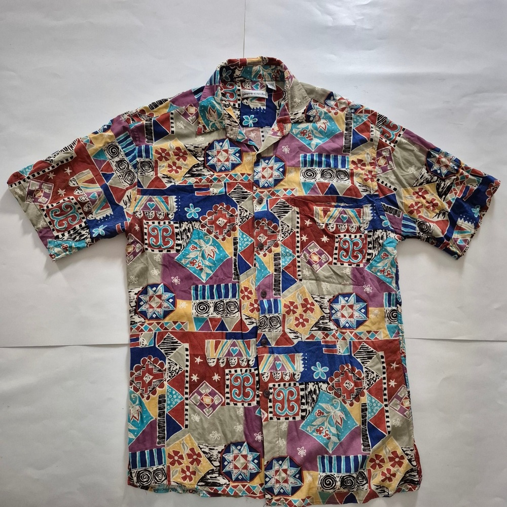 Pierre Cardin Mens Vintage Rayon Geometric Tribal Print Button Down Shirt Medium